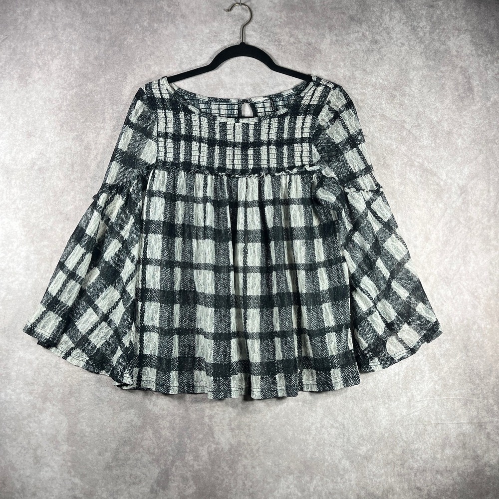 Anthropologie Akemi+Kin Top Womens Medium Black White Plaid Bell Sleeve‎ Boho
